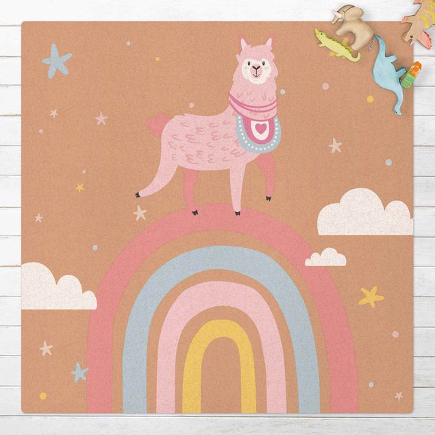 Teppich modern Lama auf Regenbogen mit Sternen und Pünktchen