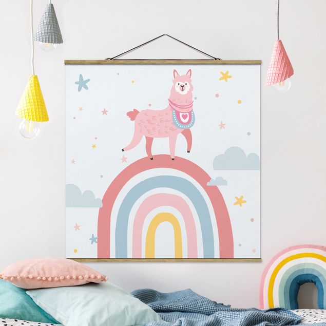 Stoffbild mit Posterleisten - Lama auf Regenbogen mit Sternen und Pünktchen - Quadrat 1:1