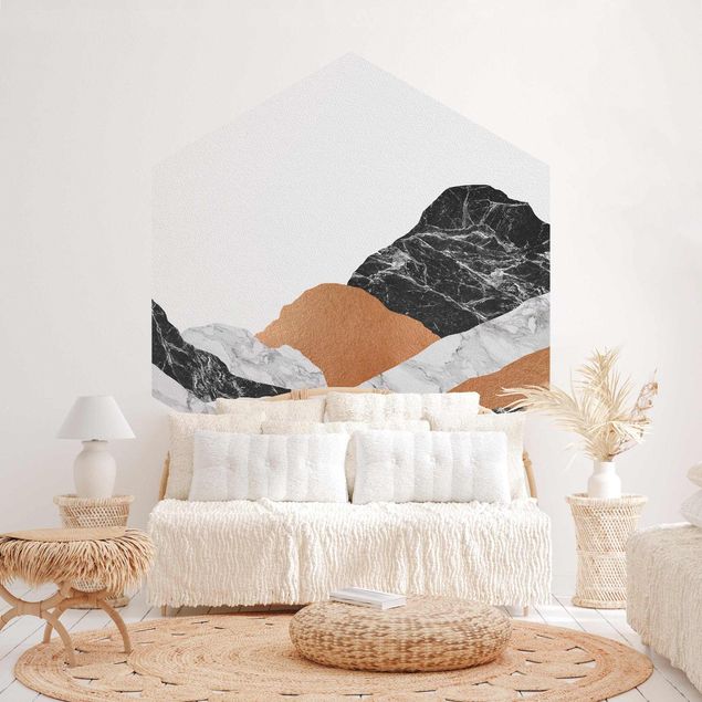 Hexagon Mustertapete selbstklebend - Landschaft in Marmor und Kupfer II