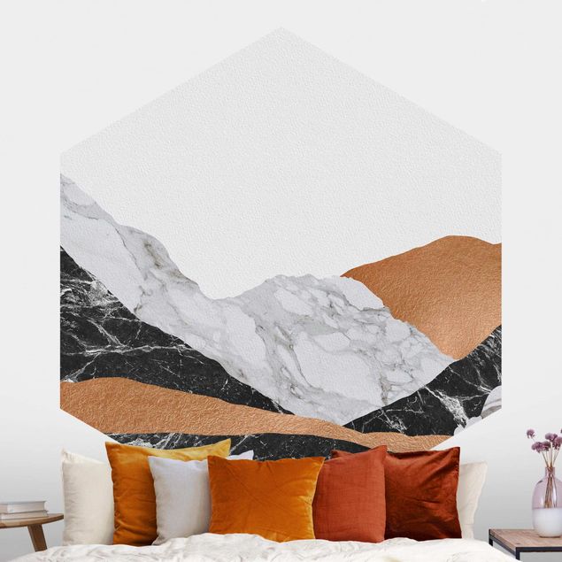 Hexagon Mustertapete selbstklebend - Landschaft in Marmor und Kupfer
