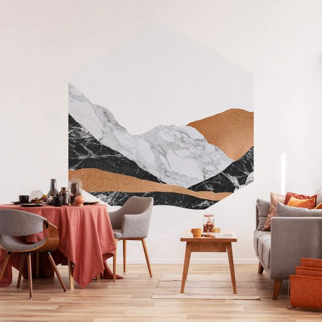 Hexagon Mustertapete selbstklebend - Landschaft in Marmor und Kupfer