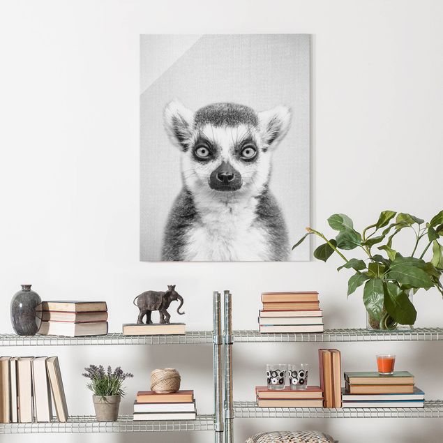 Glasbild - Lemur Ludwig Schwarz Weiß - Hochformat