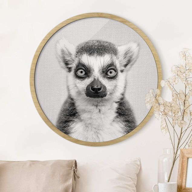 Runde Bilder mit Rahmen Lemur Ludwig Schwarz Weiß