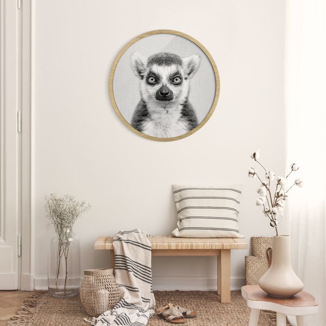 Rundes Gerahmtes Bild - Lemur Ludwig Schwarz Weiß