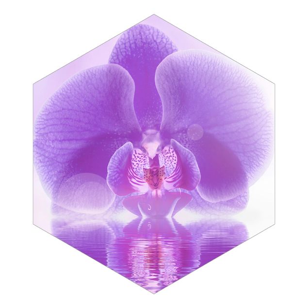 Hexagon Mustertapete selbstklebend - Lila Orchidee auf Wasser