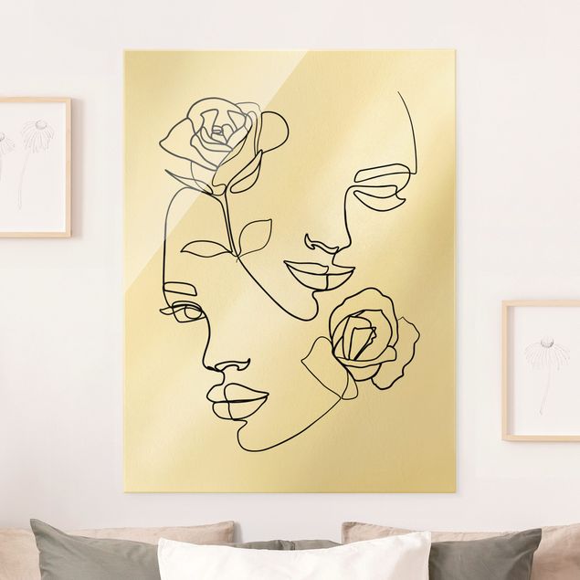 Glas Magnetboard Line Art Gesichter Frauen Rosen Schwarz Weiß