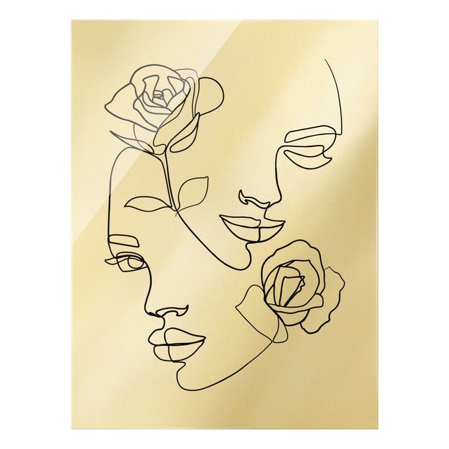 Glasbild - Line Art Gesichter Frauen Rosen Schwarz Weiß - Hochformat 3:4