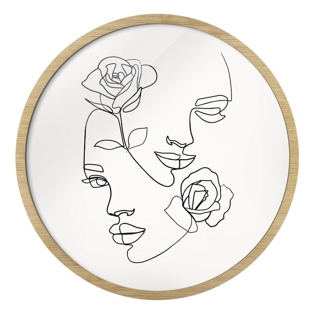 Rundes Gerahmtes Bild - Line Art Gesichter Frauen Rosen Schwarz Weiß