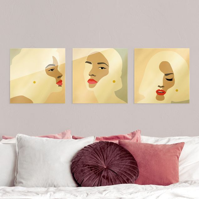 Glasbild mehrteilig - Line Art Portrait Frauen Pastell Set 3-teilig