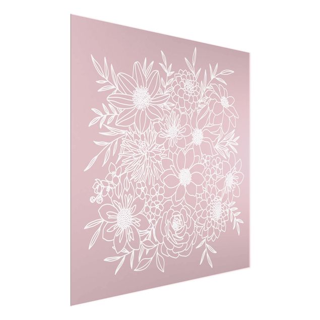 Glasbild - Lineart Blumen in Altrosa - Quadrat 1:1