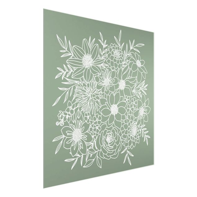 Glasbild - Lineart Blumen in Grün - Quadrat 1:1
