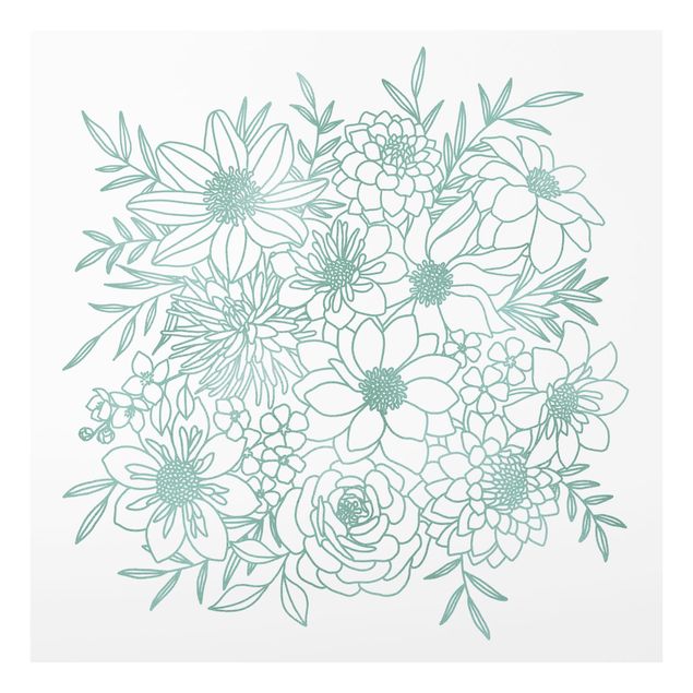 Glasbild - Lineart Blumen in Metallic Grün - Quadrat 1:1