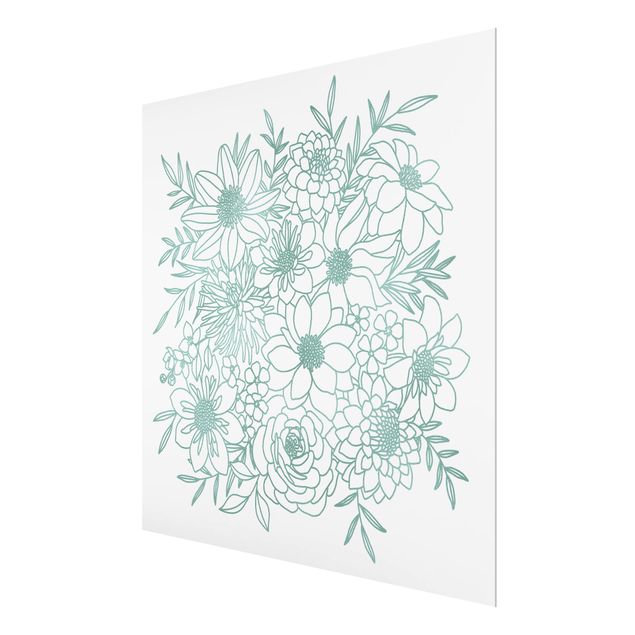 Glasbild - Lineart Blumen in Metallic Grün - Quadrat 1:1