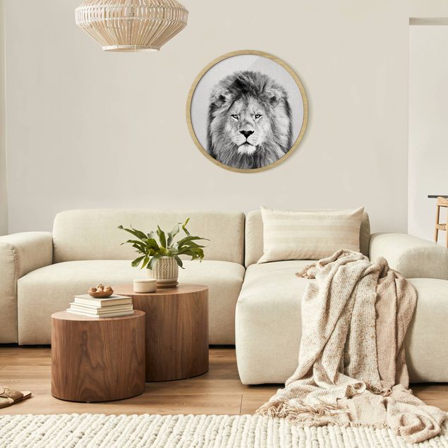 Rundes Gerahmtes Bild - Löwe Linus Schwarz Weiß