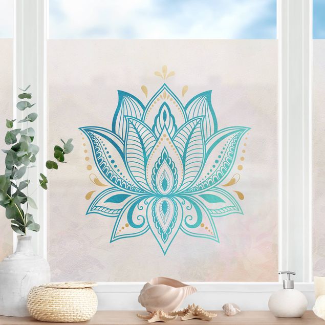 Fensterfolie - Sichtschutz - Lotus Illustration Mandala gold blau - Fensterbilder