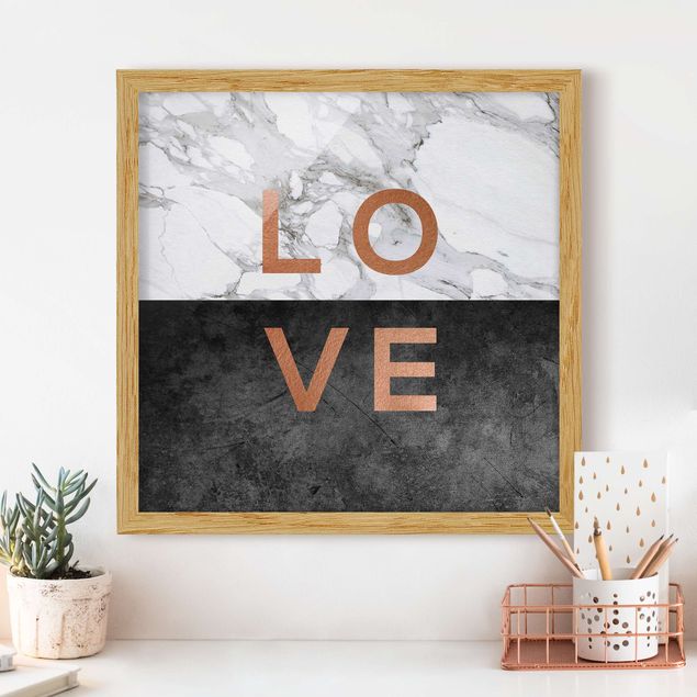 Bild mit Rahmen - Love Kupfer und Marmor - Quadrat