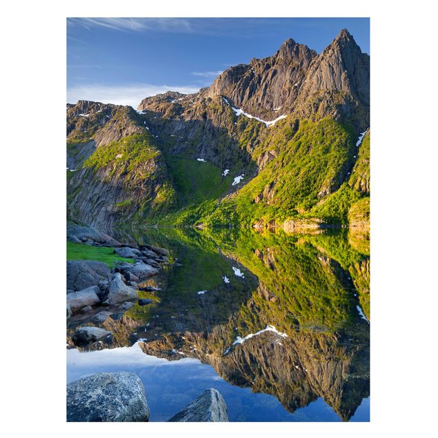 Magnettafel - Berglandschaft mit Wasserspiegelung in Norwegen - Memoboard Hoch