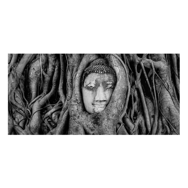 Magnettafel - Buddha in Ayutthaya von Baumwurzeln gesäumt in Schwarzweiß - Memoboard Panorama Quer