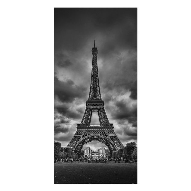 Magnettafel - Eiffelturm vor Wolken schwarz-weiß - Memoboard Panorama Hochformat 2:1