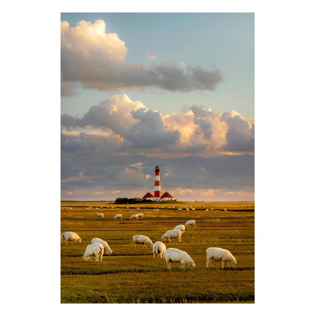 Magnettafel - Nordsee Leuchtturm mit Schafsherde - Memoboard Hochformat