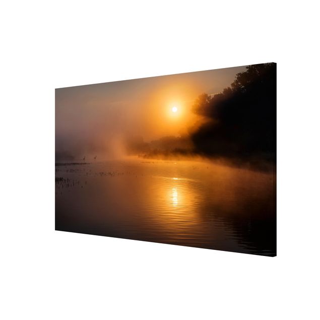 Magnettafel - Sonnenaufgang am See mit Rehen im Nebel - Memoboard Quer