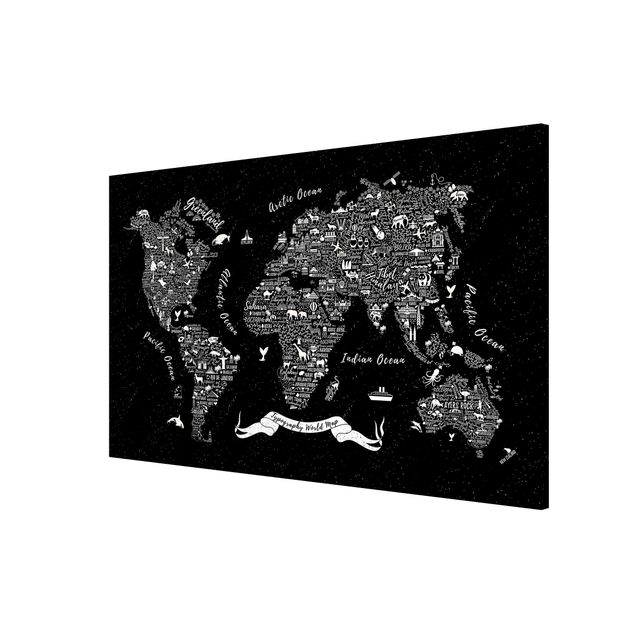 Magnettafel - Typografie Weltkarte schwarz - Memoboard Querformat
