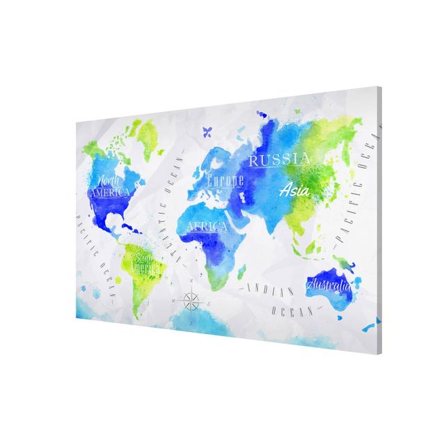 Magnettafel - Weltkarte Aquarell blau grün - Memoboard Querformat
