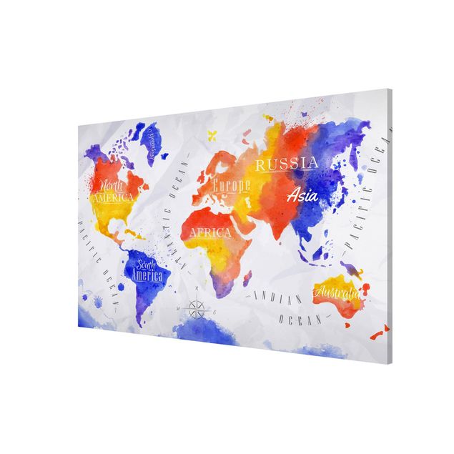Magnettafel - Weltkarte Aquarell violett rot gelb - Memoboard Querformat