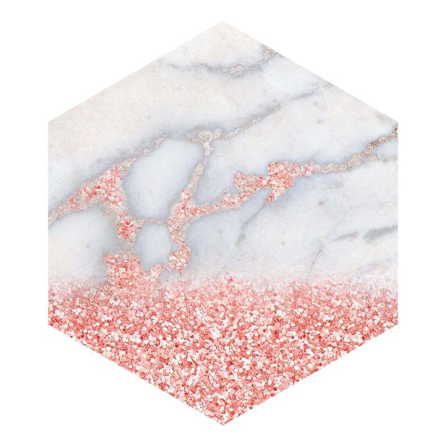 Hexagon Fototapete selbstklebend - Mamoroptik mit Rosa Konfetti