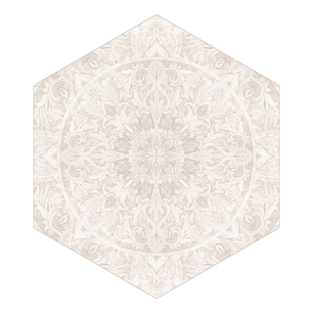 Hexagon Mustertapete selbstklebend - Mandala Aquarell Ornament beige