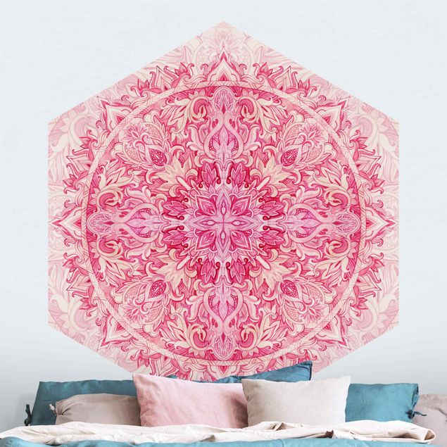 Hexagon Mustertapete selbstklebend - Mandala Aquarell Ornament Muster pink