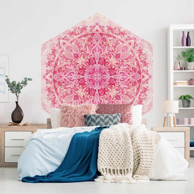 Hexagon Mustertapete selbstklebend - Mandala Aquarell Ornament Muster pink