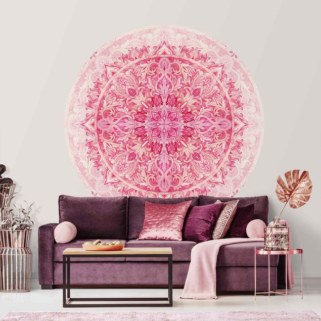 Runde Tapete selbstklebend - Mandala Aquarell Ornament Muster pink