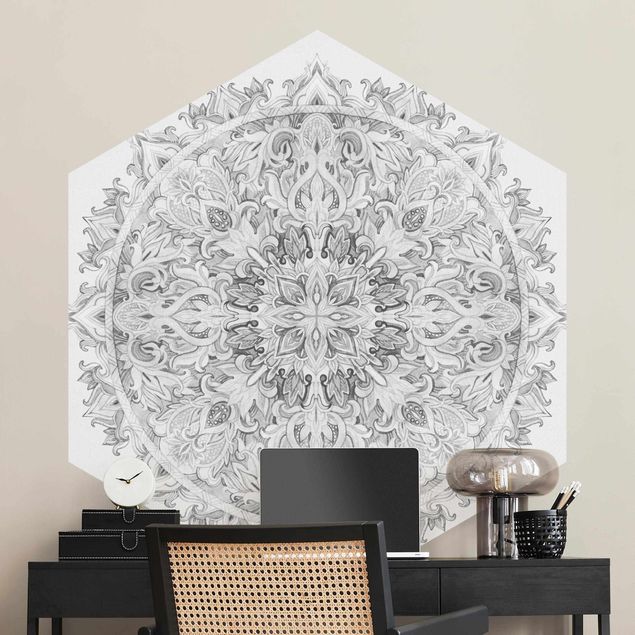 Hexagon Mustertapete selbstklebend - Mandala Aquarell Ornament schwarz weiß