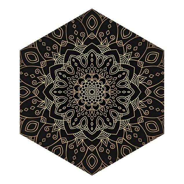 Hexagon Mustertapete selbstklebend - Mandala Blüte Muster gold schwarz