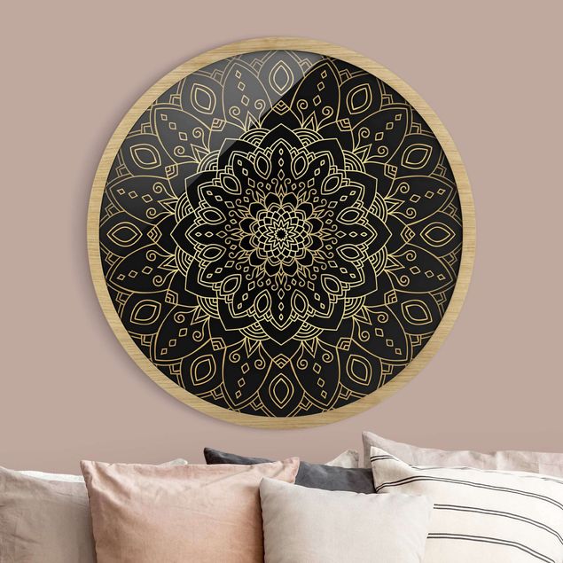 Rundes Gerahmtes Bild - Mandala Blüte Muster gold schwarz
