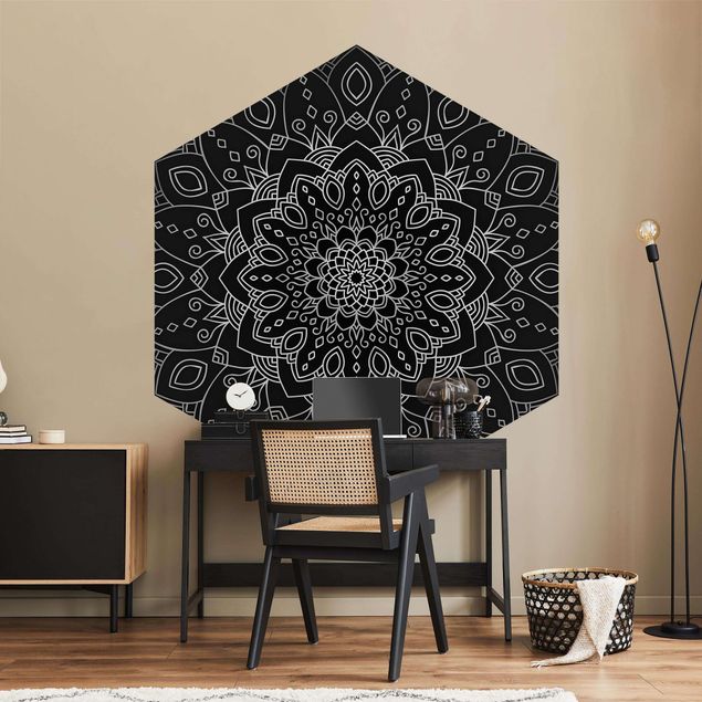 Hexagon Mustertapete selbstklebend - Mandala Blüte Muster silber schwarz