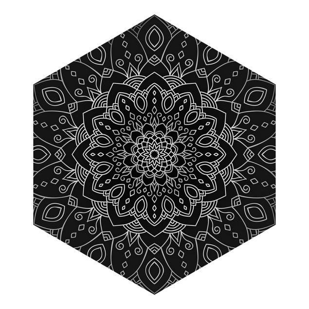 Hexagon Mustertapete selbstklebend - Mandala Blüte Muster silber schwarz