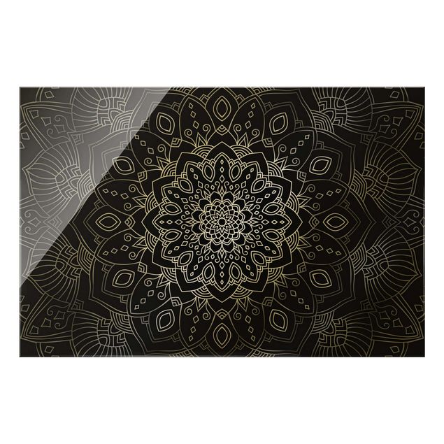 Glasbild - Mandala Blüte Muster silber schwarz - Querformat 3:2