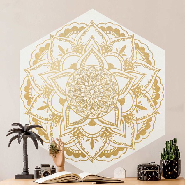 Hexagon Mustertapete selbstklebend - Mandala Blume gold weiß