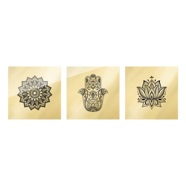 Glasbild mehrteilig - Mandala Hamsa Hand Lotus Set auf Weiß 3-teilig