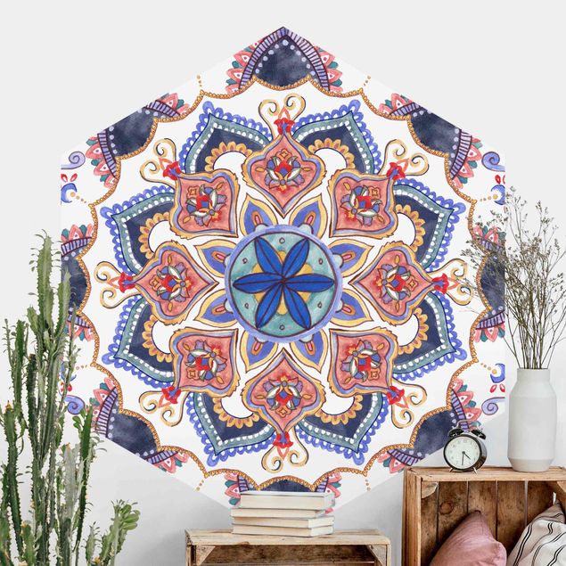 Hexagon Mustertapete selbstklebend - Mandala Meditation Mantra