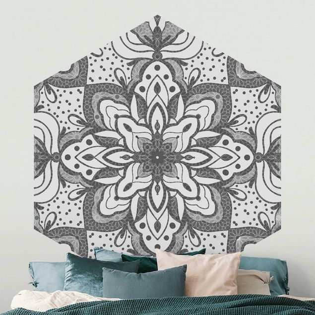 Hexagon Mustertapete selbstklebend - Mandala mit Raster und Punkten in Grau