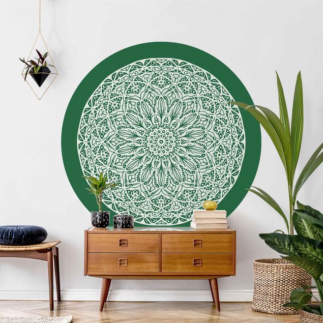 Runde Tapete selbstklebend - Mandala Ornament vor Grün