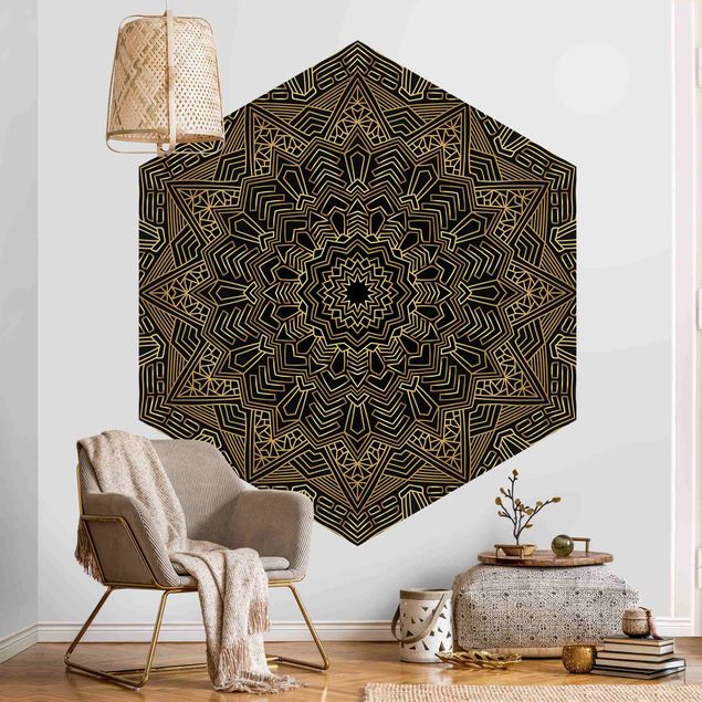 Hexagon Mustertapete selbstklebend - Mandala Stern Muster gold schwarz