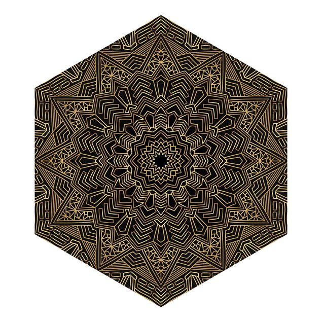 Hexagon Mustertapete selbstklebend - Mandala Stern Muster gold schwarz