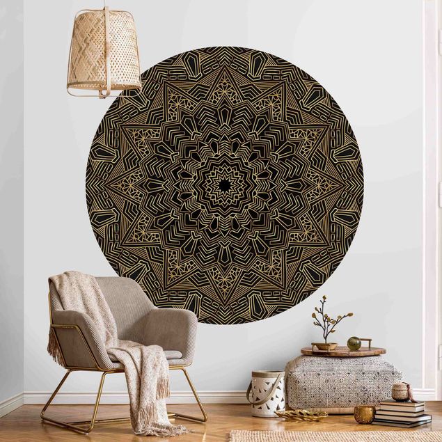 Runde Tapete selbstklebend - Mandala Stern Muster gold schwarz