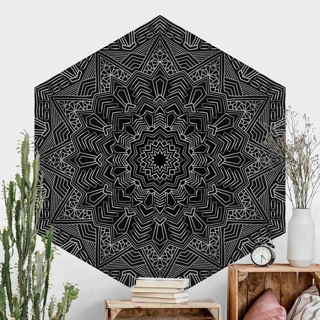 Hexagon Mustertapete selbstklebend - Mandala Stern Muster silber schwarz