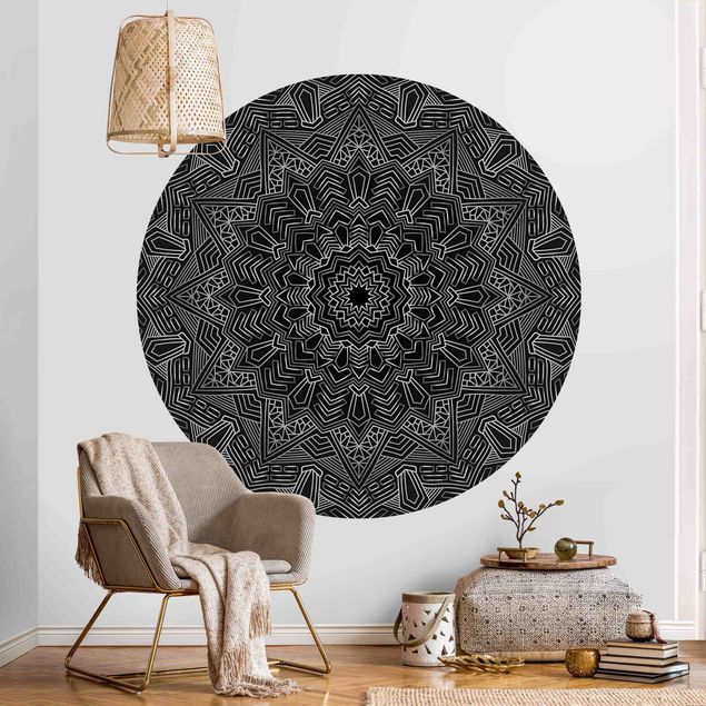 Runde Tapete selbstklebend - Mandala Stern Muster silber schwarz