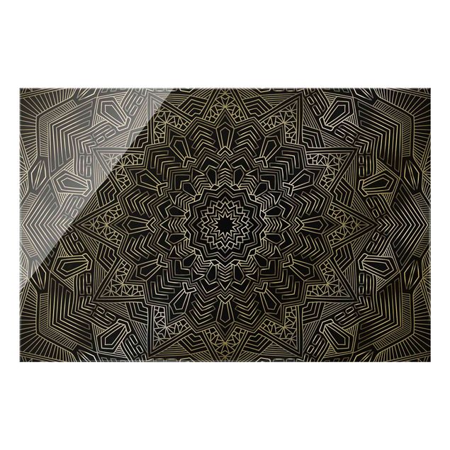 Glasbild - Mandala Stern Muster silber schwarz - Querformat 3:2
